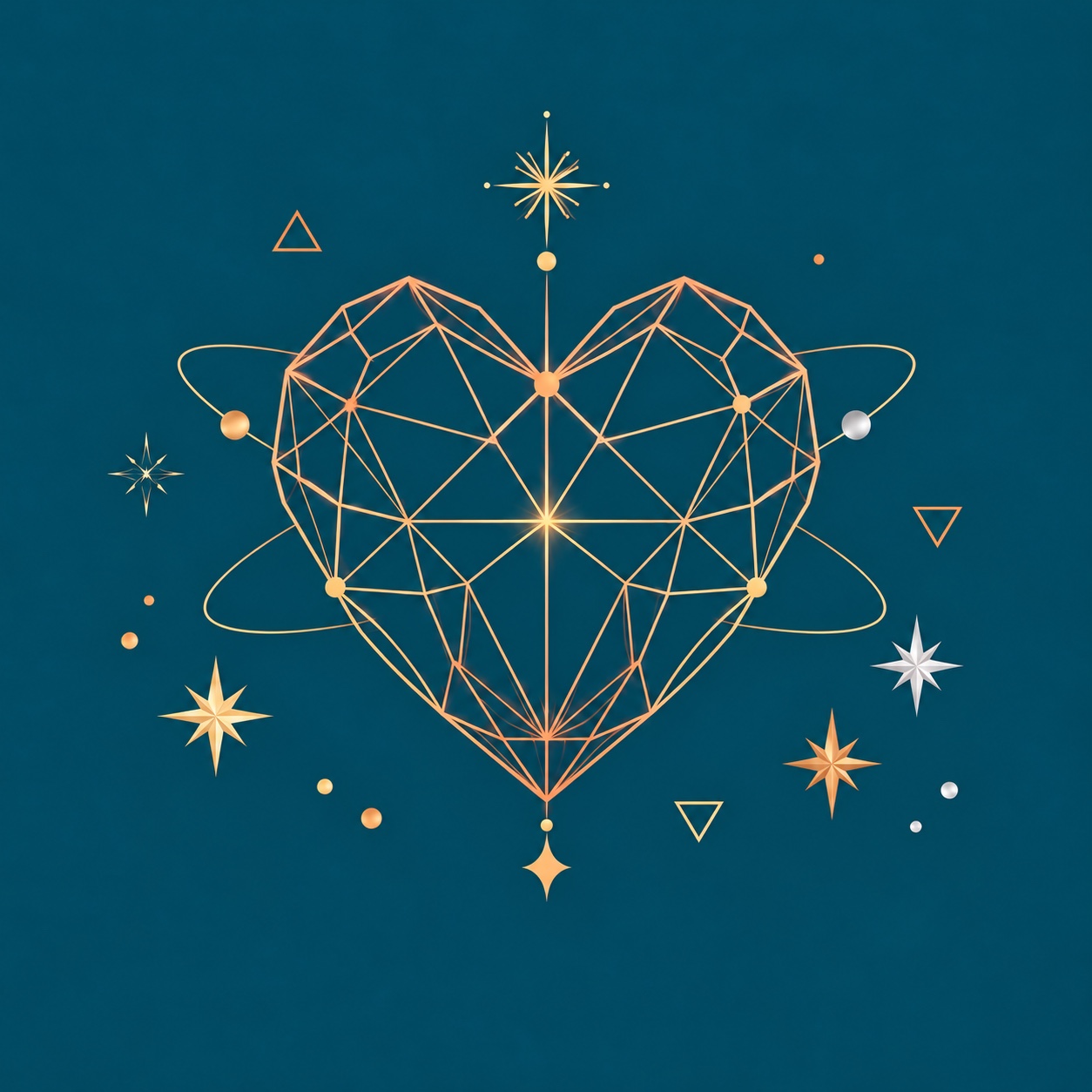 Copper and gold geometric heart surrounded by stars on deep teal